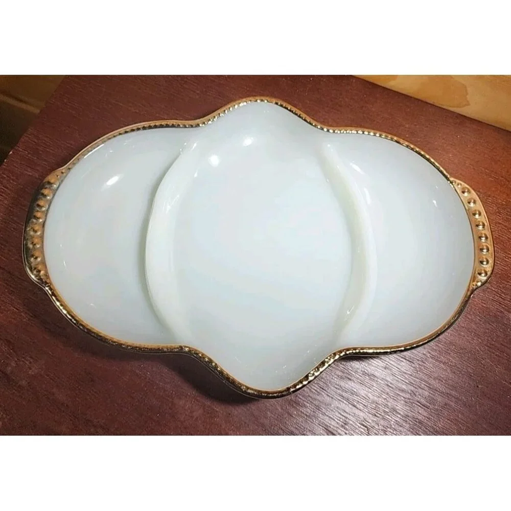 Vintage Fire King White Milk Glass with Gold Trim Divided Dish 3 Section Platter